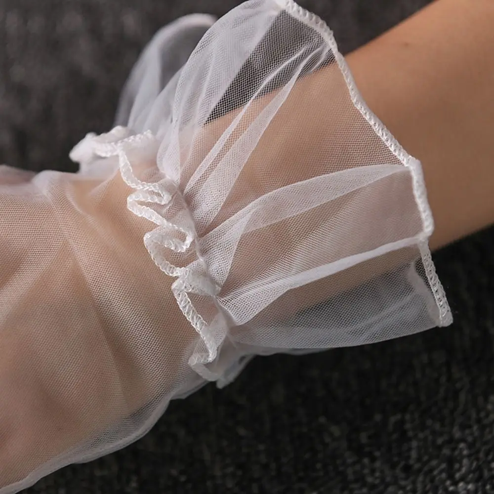 Elastic Transparent Women Tulle Gloves Short Ultra Thin Gauze Lace Gloves Bridal Full Finger Wedding Mesh Gloves Ladies
