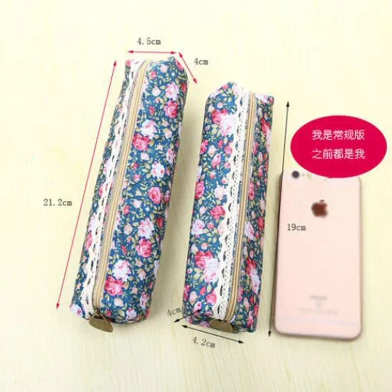 Lona fresca estilo retro renda franja pequena flor ponto multi-função zíper saco de lápis presente do estudante saco de armazenamento de papelaria