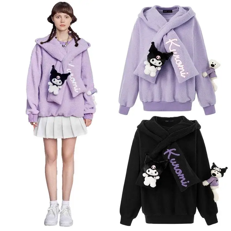 

Anime Cartoon Kawaii Kuromi Scarf Imitation Lamb Plush Hooded Sweatshirt Warm Cute Doll Long Sleeves Comfortable Girl Gift