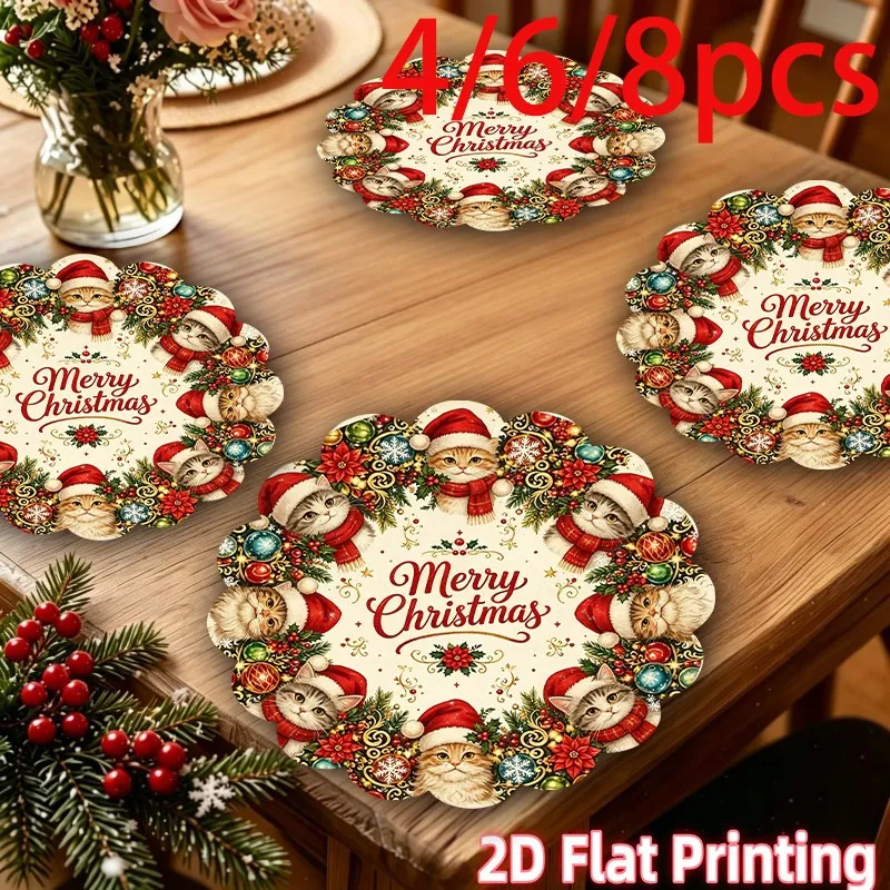 VIKAMA Linen Round Placemats, Cream Holly Wreath Red Bow Design, Washable Stain Resistant Easy Clean, Christmas Dinner