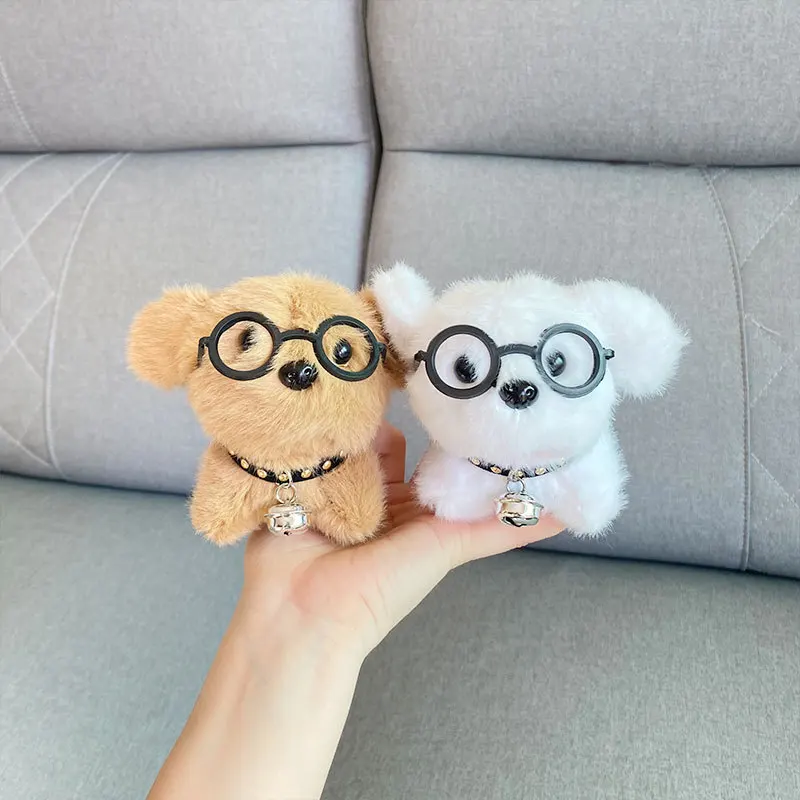 Urocze breloczki do kluczy z pieskiem w okularach, pluszowe ozdoby, kreskówkowy dzwoneczek, breloczek z szczeniakiem, breloczek do torby, zabawki dla dziewczynek, prezenty świąteczne.