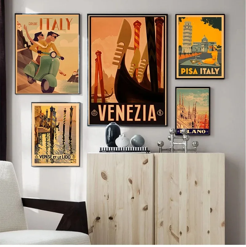 Canvas Painting Vintage Wall Pictures Kraft Posters Coated Wall Stickers Home Decoration Gift Travel to Italy Milano Venezia