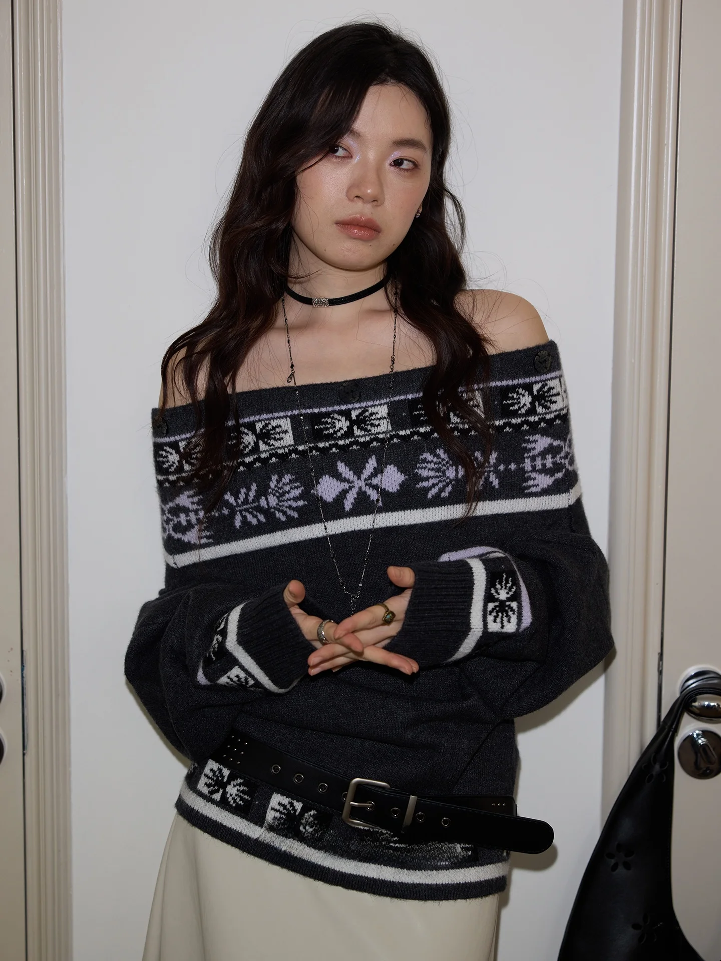 

Шикарный вязаный свитер оверсайз с открытыми плечами в стиле Fair Isle для женщин, свободный крой, винтажный, удобный, с длинными рукавами