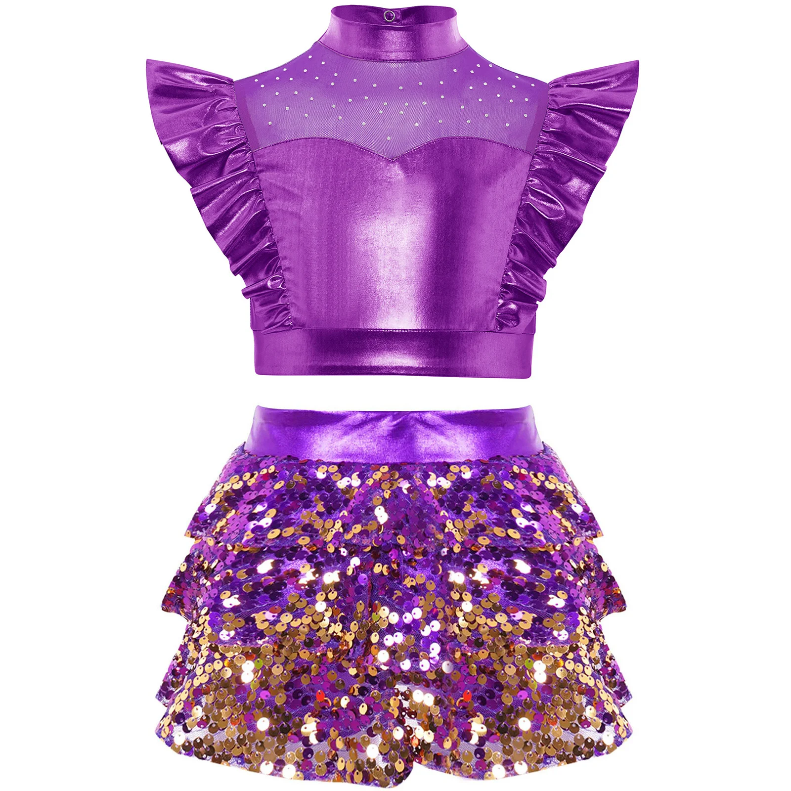 

Kids Girls Jazz Hip-Hop Dance Outfit Shiny Rhinestones Metallic Sleeveless Crop Top+Sequins Tiered Ruffled Culottes Streetwear