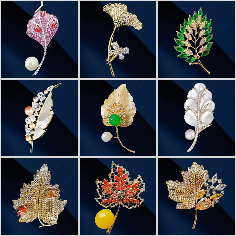 

Exquisite Fashion Maple Ginkgo Leaf Brooch High-end Inlaid Zircon Pearl Plant Corsage Autumn Accessories Suit Pin Holiday Gifts