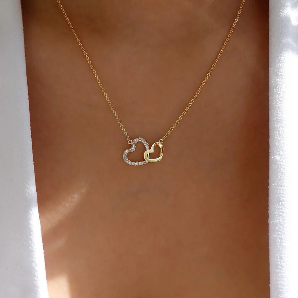 Doppel Pfirsich Herz Liebe Wasser Diamant Glatte Spleißen Legierung Anhänger Halskette frauen Zubehör Schlüsselbein Kette Schmuck
