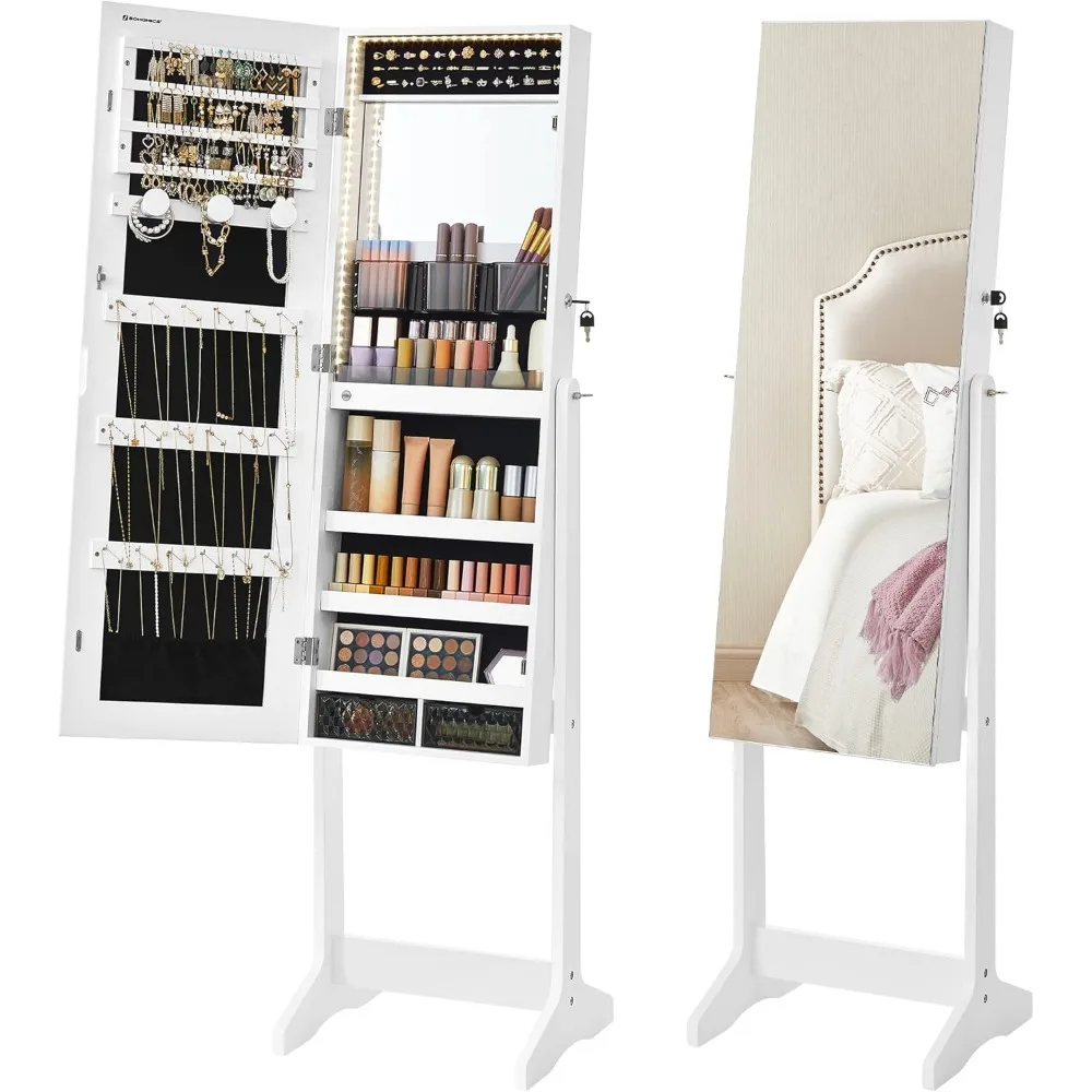 Freestanding Mirrored Jewelry Cabinet with LED Lighting and Storage Organizer