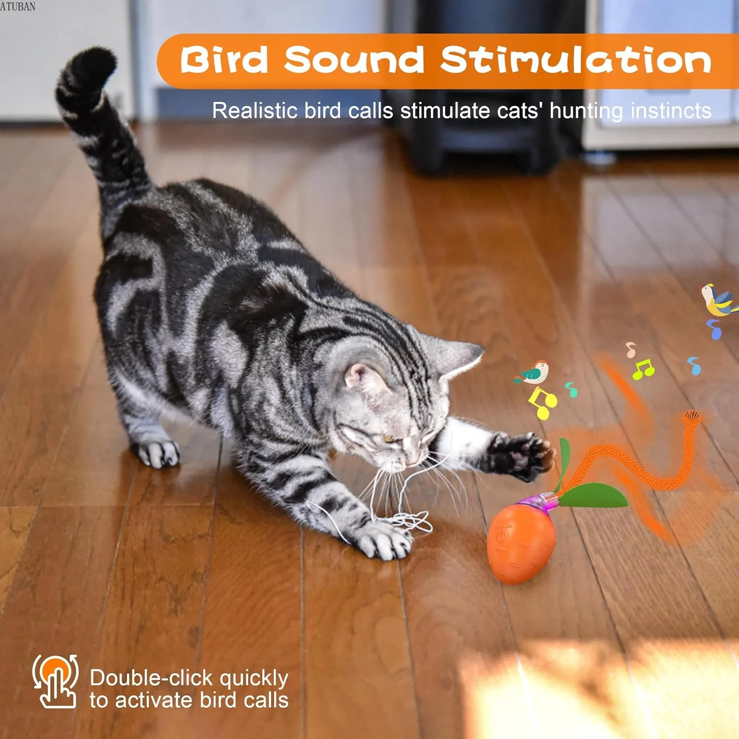 ATUBAN Cat Toys Ball for Indoor Cats,Motion Activated Automatic Moving Ball Toy with Long Tail Teaser,Simulation Bird Sound