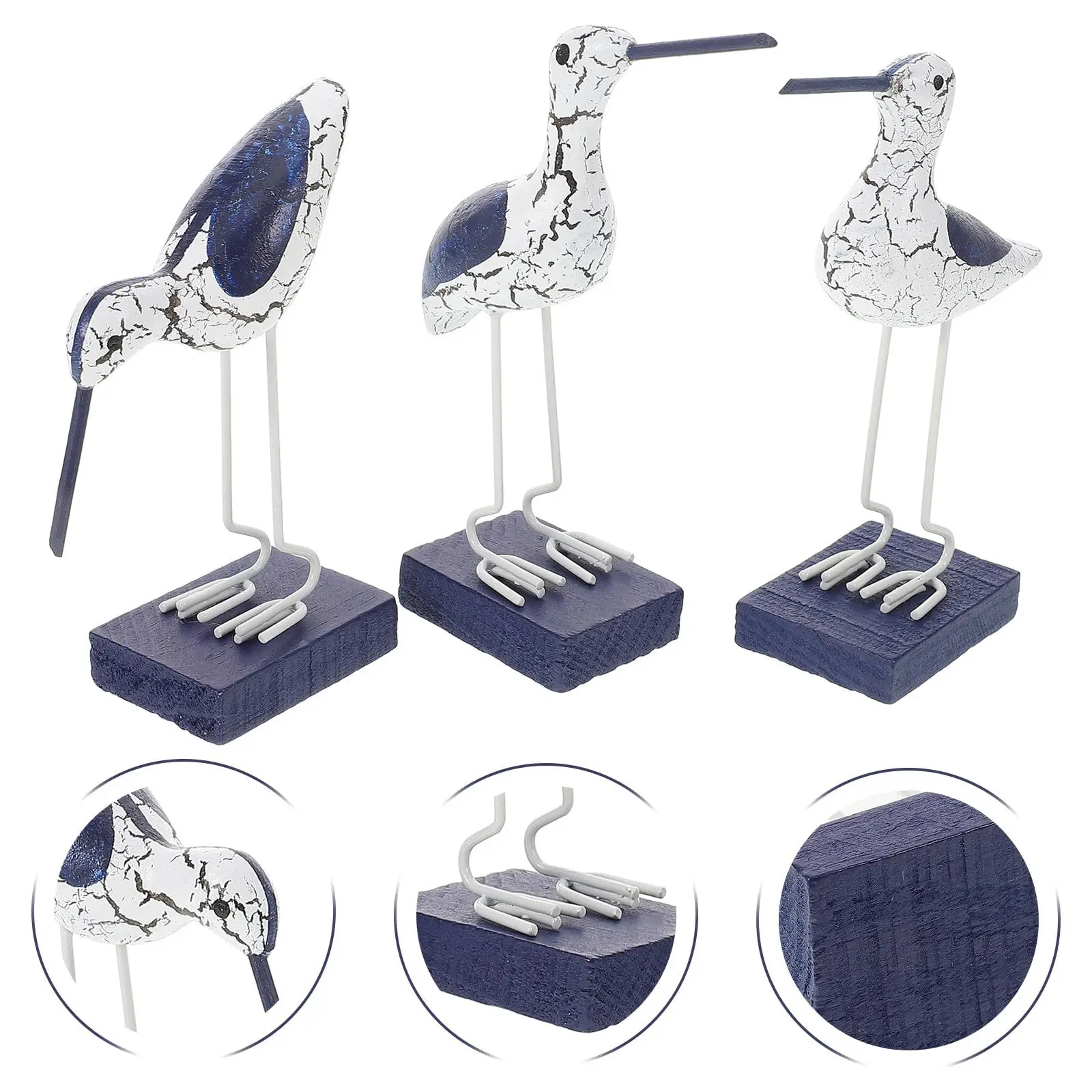Furniture Accessory Wooden Seabird Statue Set of 3 Blue Tabletop Decor for Shelf Desk Office Home