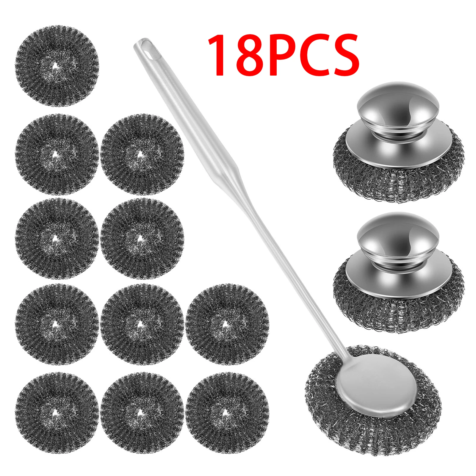 4-18Pcs Steel Wool Scrubber Long Handle Pot Cleaning Brush Stainless Steel Kitchen Pan Pot Dishes  Strong Decontamination