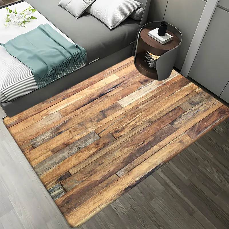 Wood Pattern Flannel Carpets for Livingroom Decoration Home Area Rugs for Bedroom Bedside Decor Modern Non-slip Floor Mat Carpet