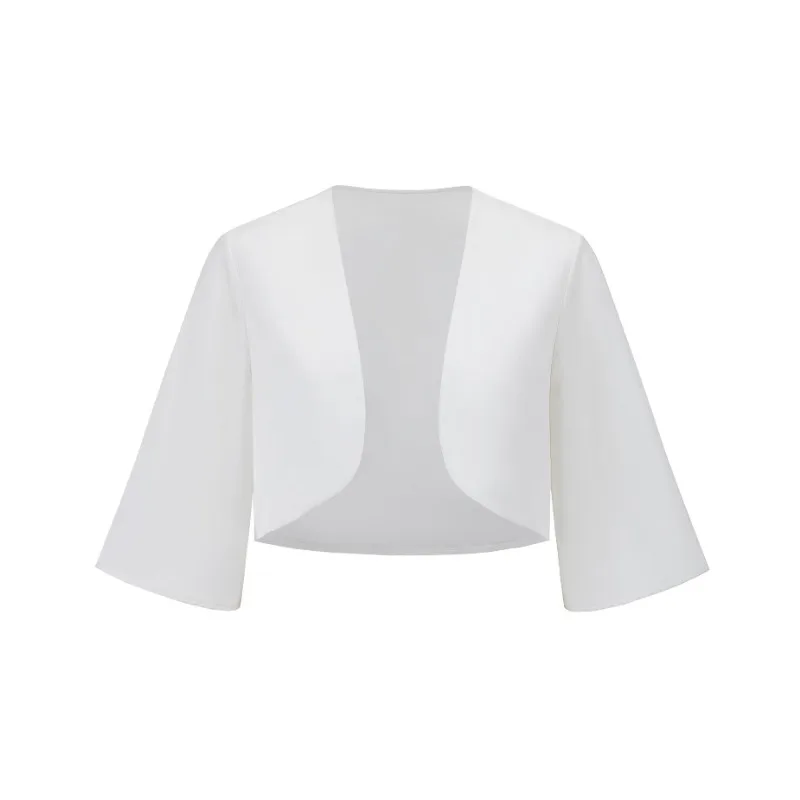 Minimalist White Cropped Blazer Women Slim Flare Sleeve Open Front Summer Shrug Outerwear