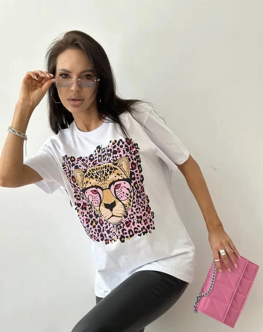 Fashionable Leopard Print Casual T-Shirt Women's Loose Short Sleeve Top Comfortable Cotton Sweat Absorbent round Neck Design