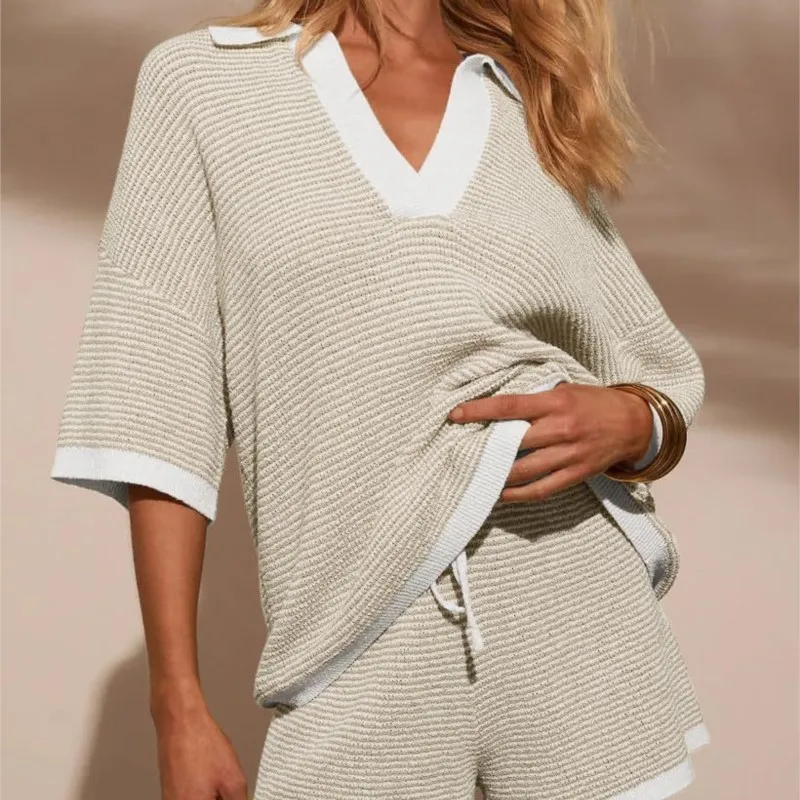 Fashion High Waisted Striped Knitted Color Block Top Shorts Set Polo-Neck Half Sleeve Shirt Drawstring Shorts Suit Women Outfit