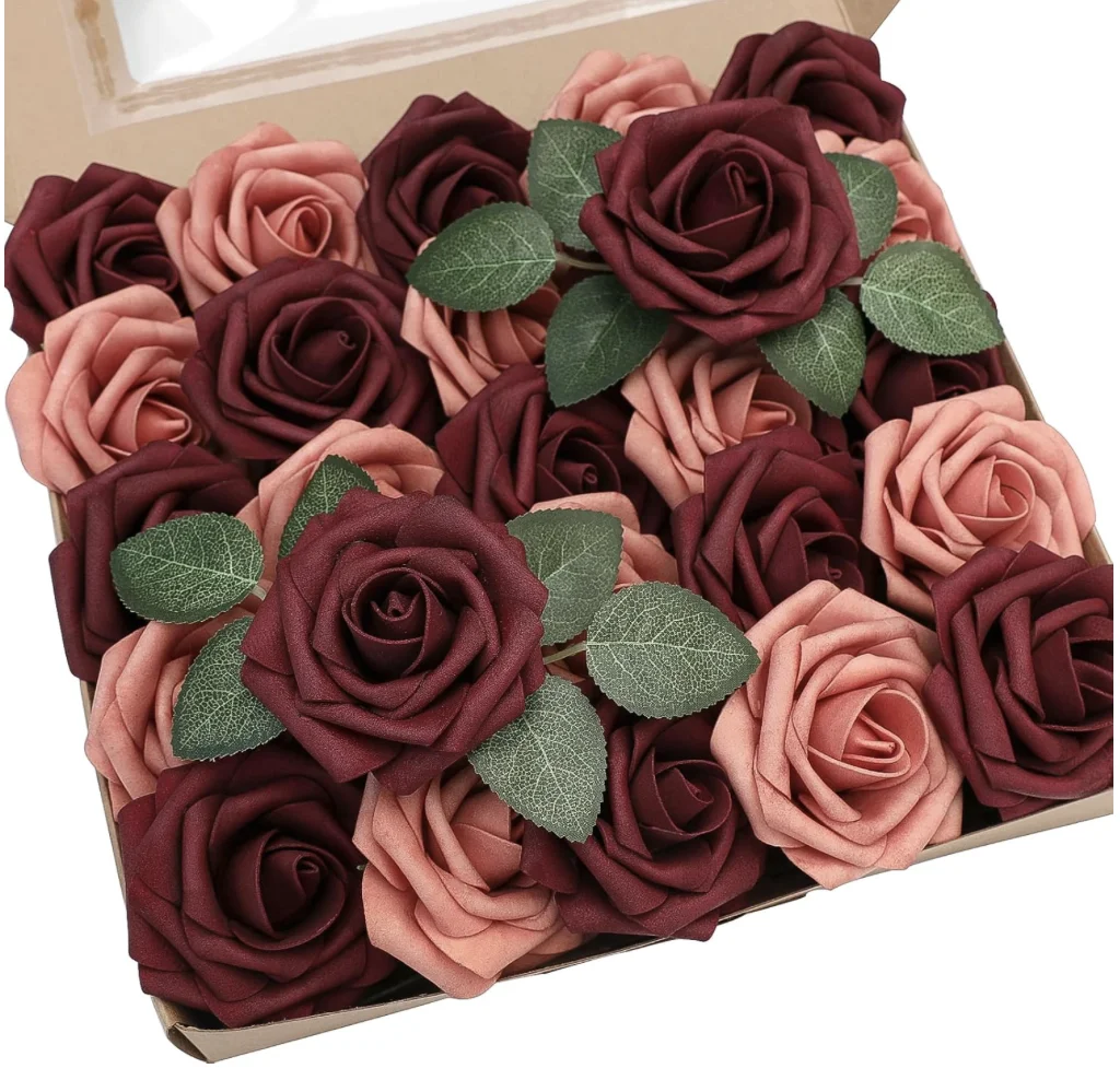 Artificial Flowers 25pcs Real Looking Burgundy & Pinky Cedar Foam Fake Roses with Stems for DIY Wedding Bouquets Bridal Shower C