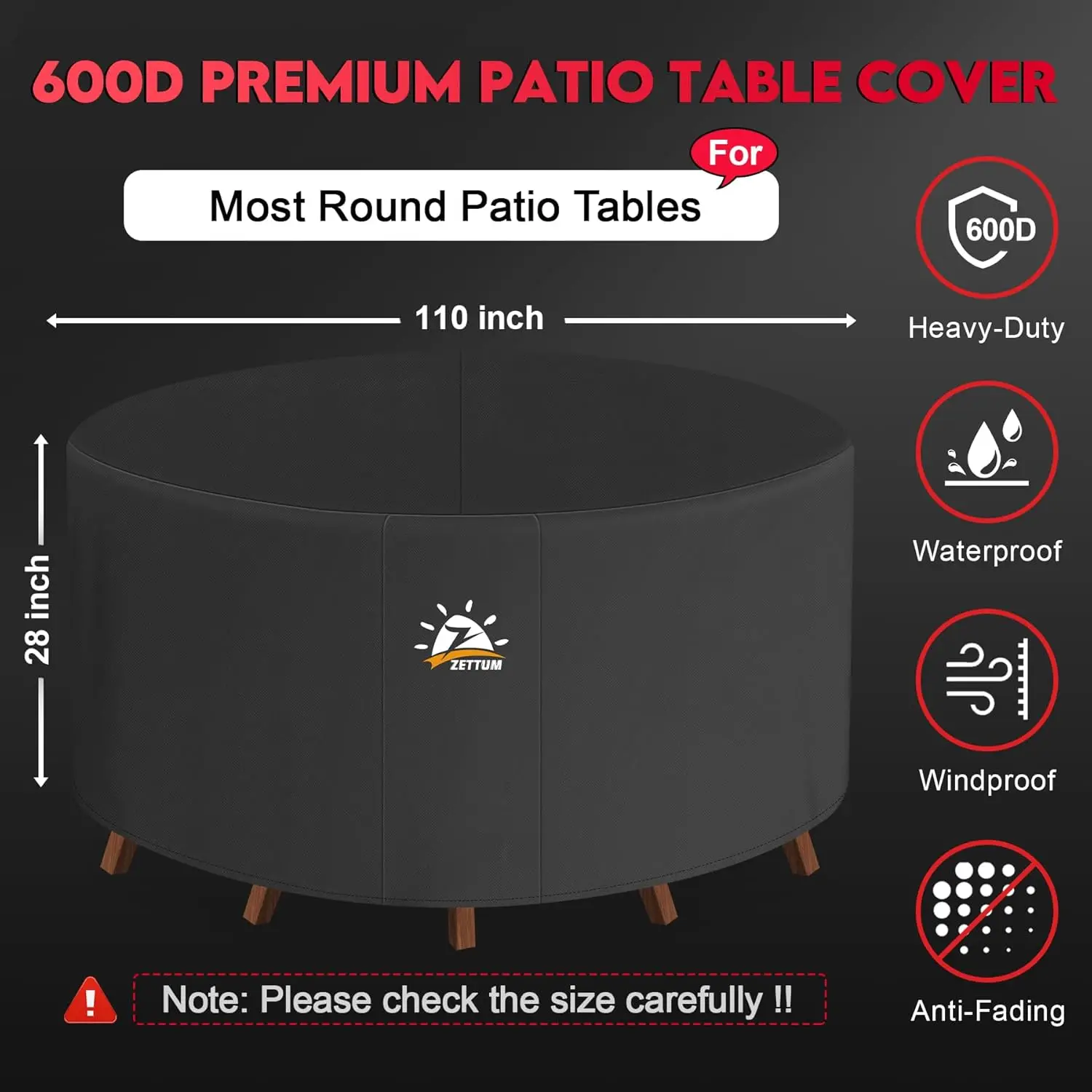 Round Patio Table Cover 110 Inch - 600D Outdoor Furniture Cover Round Waterproof & Heavy Duty, Lawn Furniture Set Covers Large