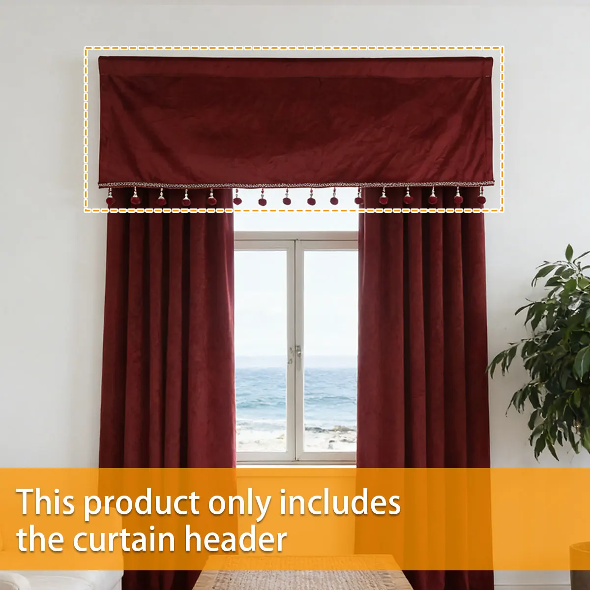 1Pcs Wine Red Velvet Straight Curtain Valance, Nordic Country Style, Ball Fringe Decorative Window Valance for Homestay Wedding