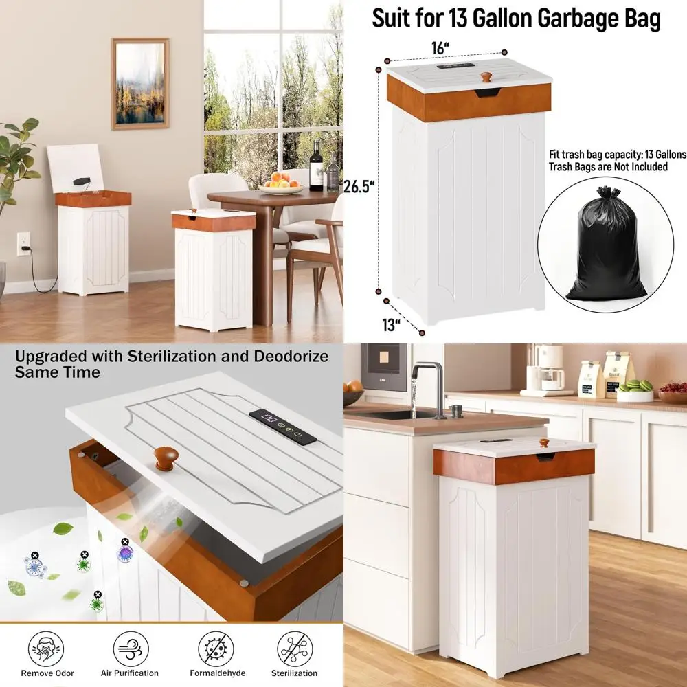 

13 Gallon White Honey Wooden Kitchen Trash Can with Deodorizing and Dog-Proof Lid for Home Use