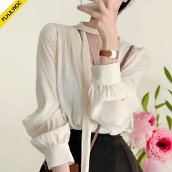 Cute Bow Tie Basic Shirts Blouses Women Fashion Long Sleeve Elegant Office Lady Work Solid Black Ruffled Chic Tops