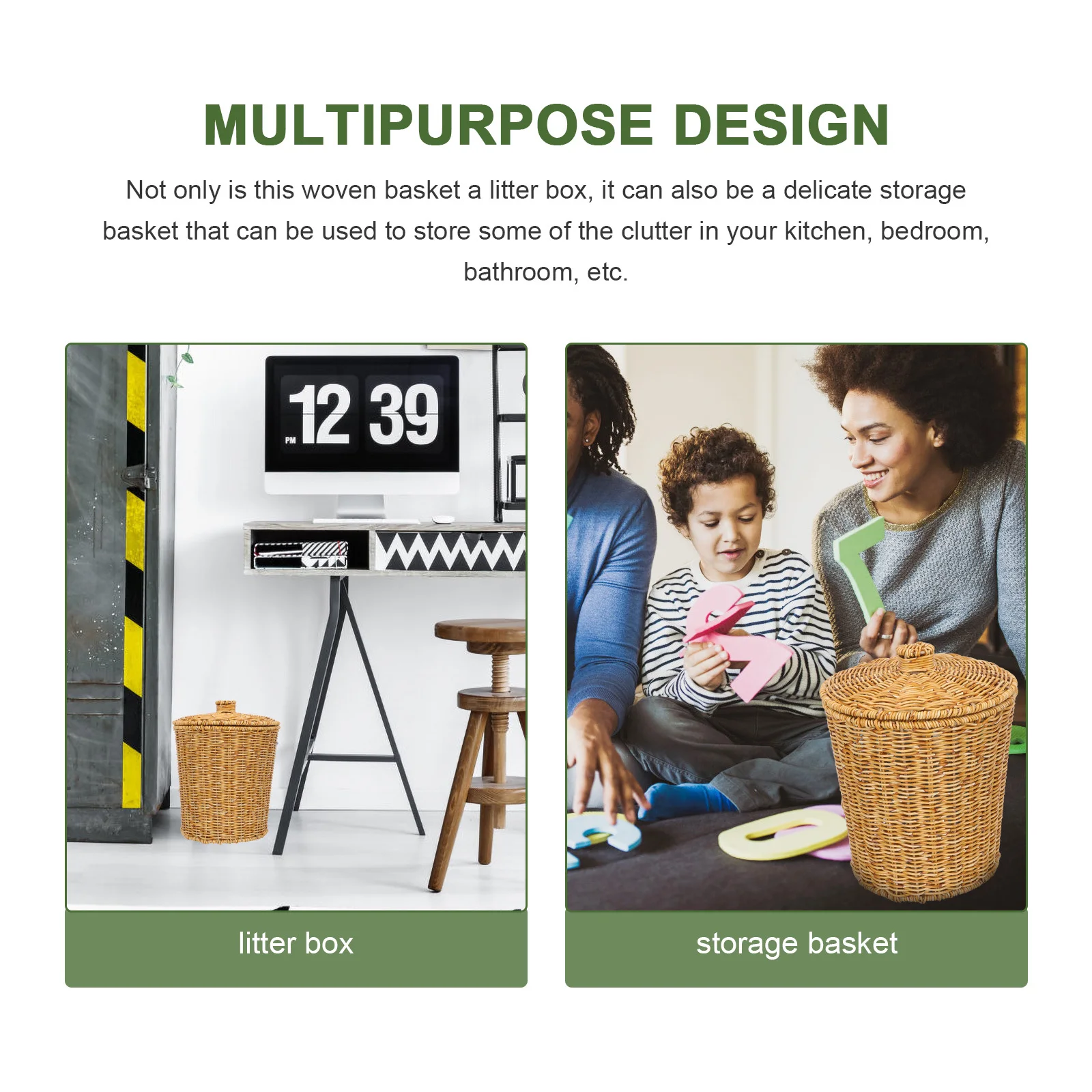 

Imitation Rattan Round Woven Basket Bathroom Sundries Storage Basket Lid Multipurpose Decorative Household Storage Container