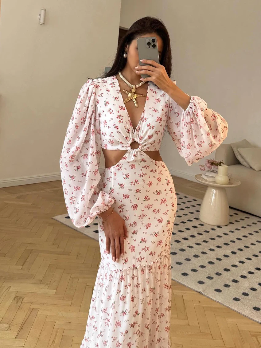 Marthaqiqi Fashion Ladies Nightgown Long Sleeve Sleepwear V-Neck Pajama Show Waist Nightie Ankle-Length Printing Femme Nightwear