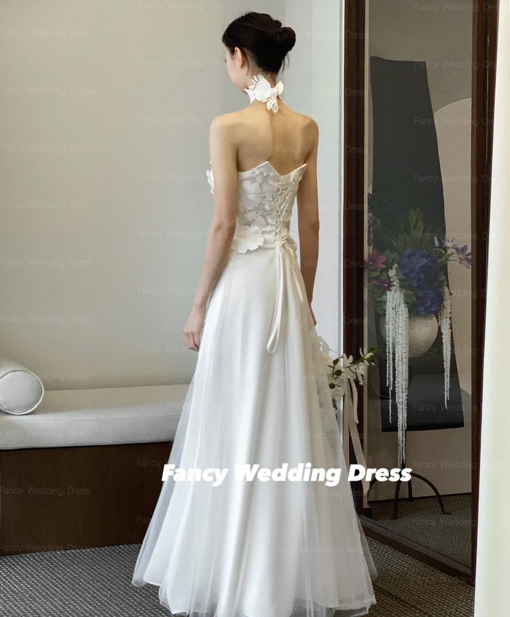 Fancy Elegant Lace Flower Wedding Dress Korea Photography Sleeveless A Line Evening Gown Elastic Satin Back Corset Customized