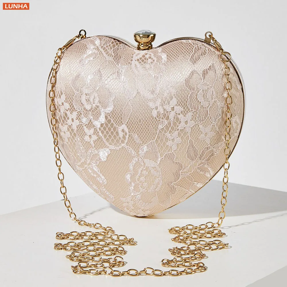 Women Lace Evening Bag Clutch Purse Heart Shape Box Top Handle Mini Hard Case Shoulder Bags for Party Wedding