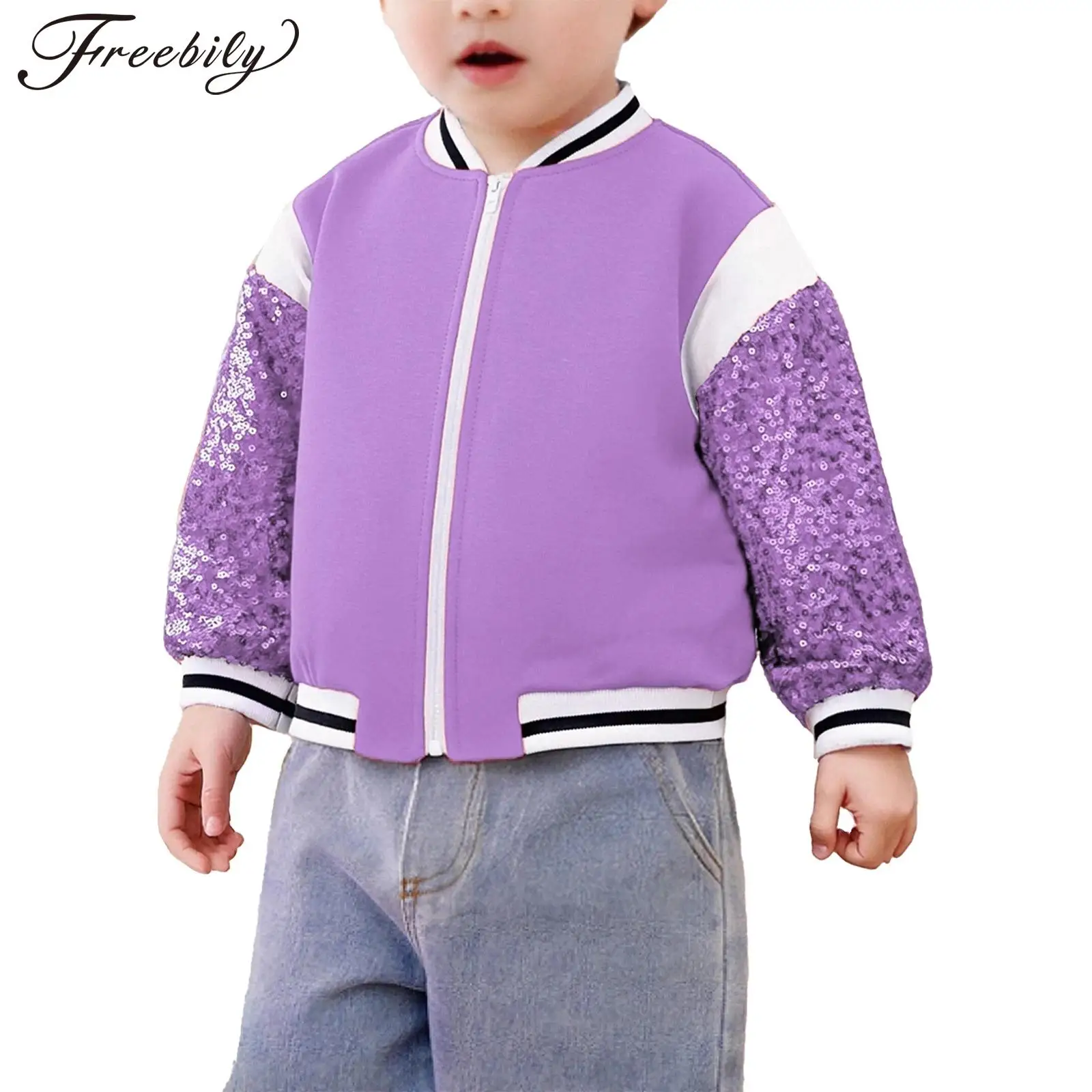 

Toddler Little Girls Varsity Jacket Shiny Sequins Long Sleeves Zipper Baseball Coat Outerwear Kids Clothing Sports Casual Wear