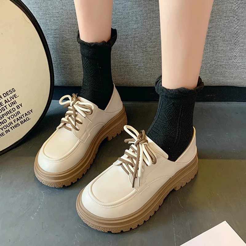 British Style Shoes Woman Flats Autumn Clogs Platform All-Match Oxfords Preppy Dress Fall Creepers Summer New Leather PU Rome Me