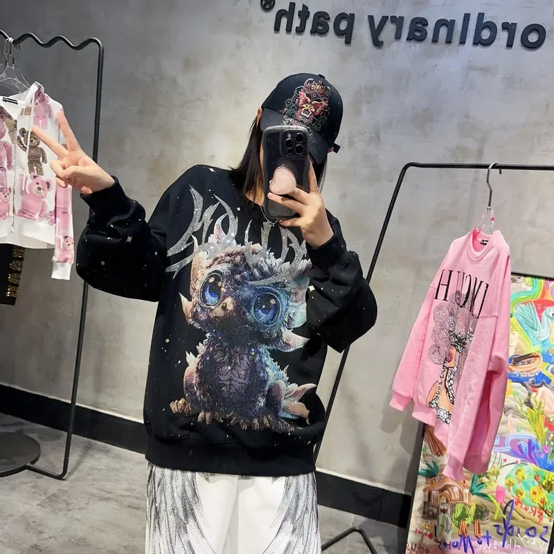 Autumn Cartoon Dragon Heavy Industry Diamond Drills Loose Ink Splashing Design Sense Men's And Women's Street Style Sweatshirts