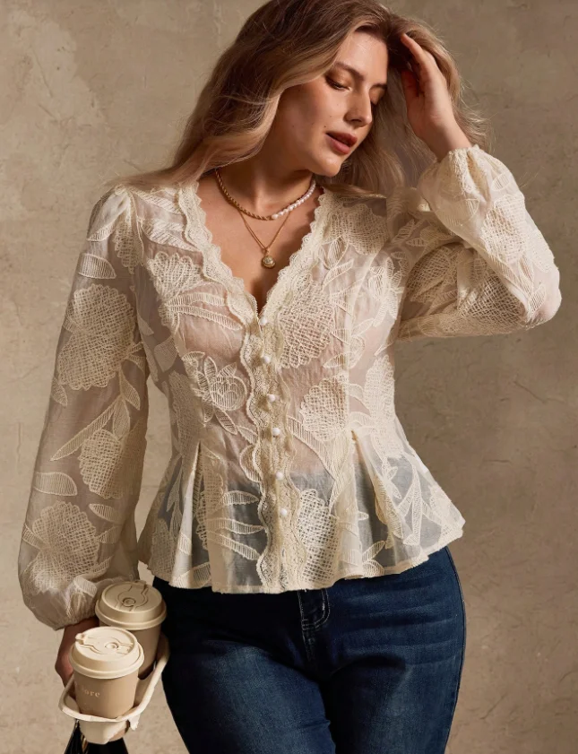 Plus Size Women's V-Neck Wavy Lace Shirt Pearl Button Puff Long Sleeve Sheer Top 4