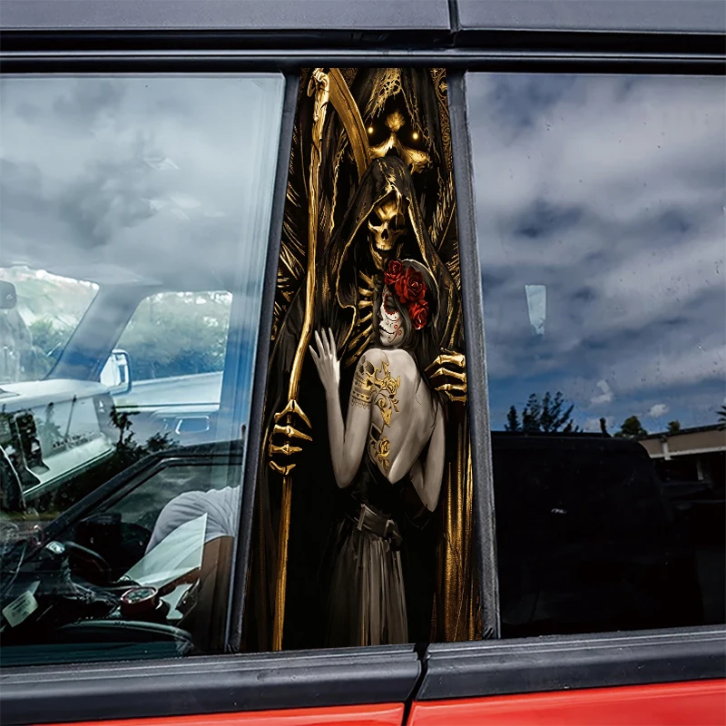 

2 шт. глянцевой защитной полиэтиленовой пленки для центральных стекол автомобиля с изображением Жнеца, обнимающего сахарную черепающую даму