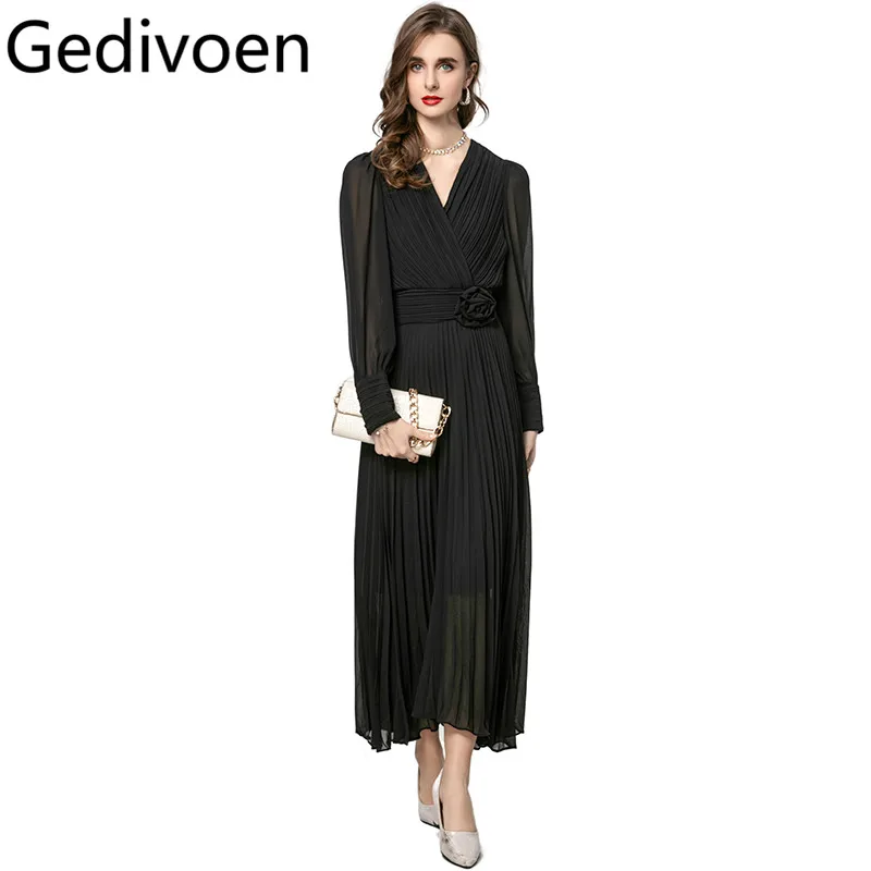 

Gedivoen Women's Elegant Ball Gown Dress V-Neck Lantern Sleeved Appliques Pleated For Spring Summer large swing Dresses
