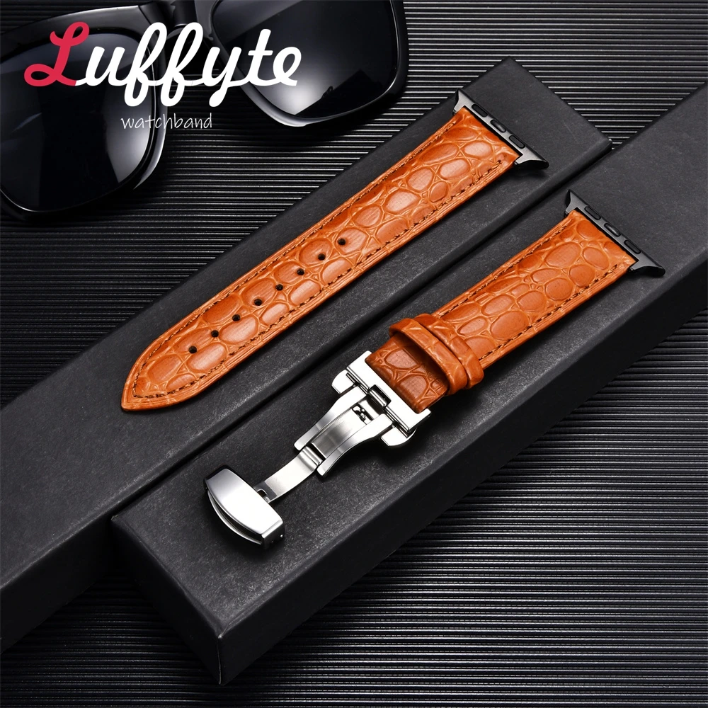 Crocodile Pattern Leather Band for Apple Watch Ultra 8 7 SE 6 5 4 3 Watchband 38 40 41 42 44 45 49mm Strap with Butterfly Buckle