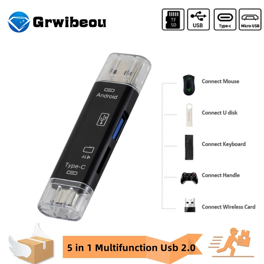 

5 in 1 Multifunction USB 2.0 Type C/Usb /Micro Usb/Tf/SD Memory Card Reader OTG Card Reader Adapter Mobile Phone Accessories