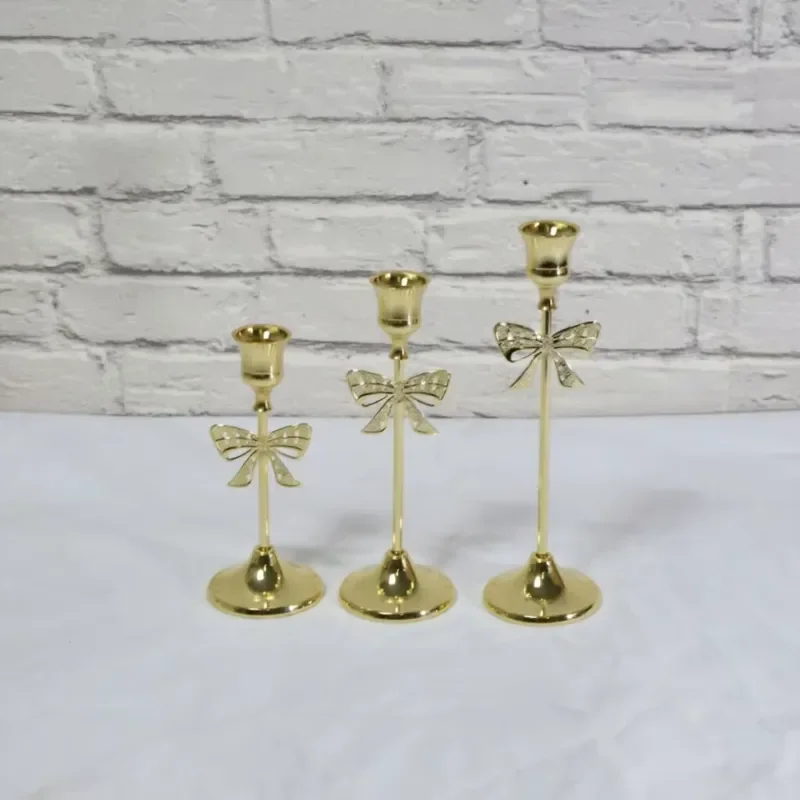 Scandinavian Luxury Bow Candle Holder 3 Piece Set Black Gold Long Taper Candlesticks for Wedding Restaurant Home Decoration