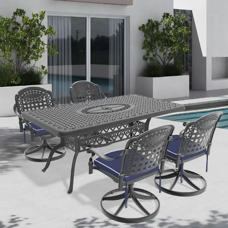 

5-Piece Outdoor Cast Aluminum Dining Set, 4 Swivel Chairs & Rectangular Table with Black Frame