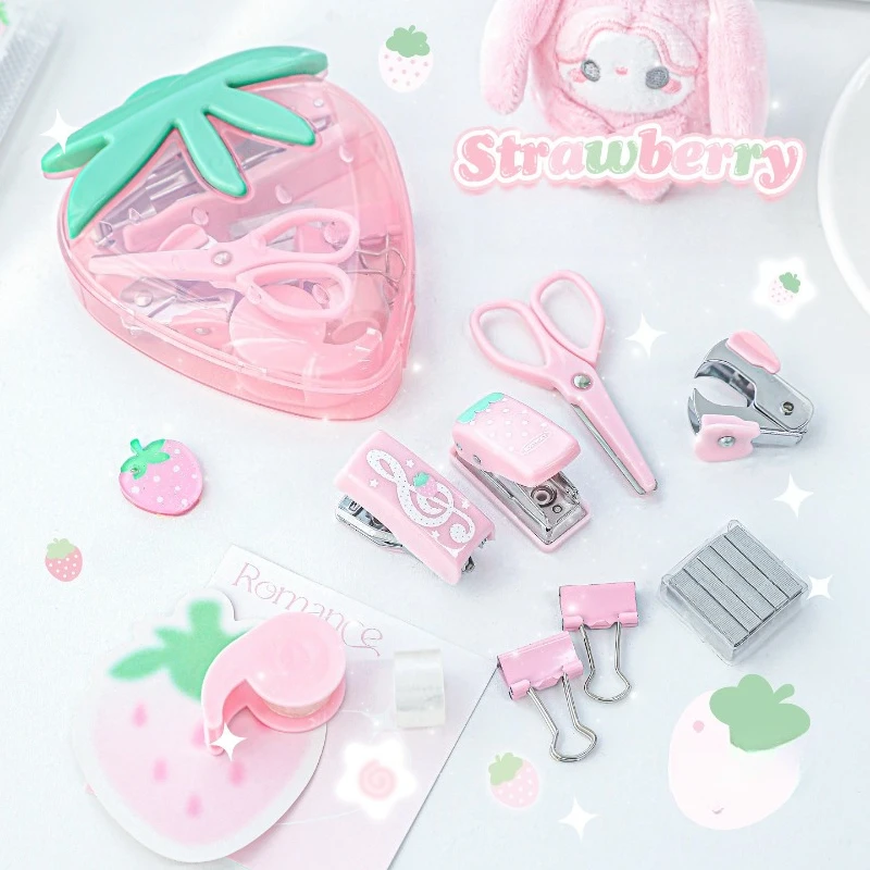 Strawberry Stationery Set High Appearance Level Office Tool Kit with Stapler Storage Case Multi-functional Desktop Organizer Kit