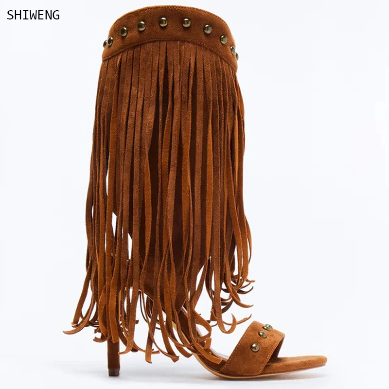

2026 Women Women Open Toe Mid Calf Boots Sandal Tassel Rivet High Stiletto Heel Side Zipper Fringe Studded Ankle Sandals 44