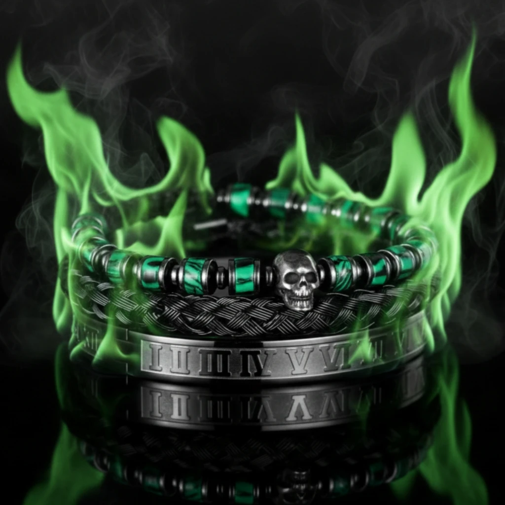 

3pcs/set Men's Bracelet Set Handmade Natural Stone Beads Vintage Antique Stainless Steel Skull Char Cuff Bangle Gothic Jewelry