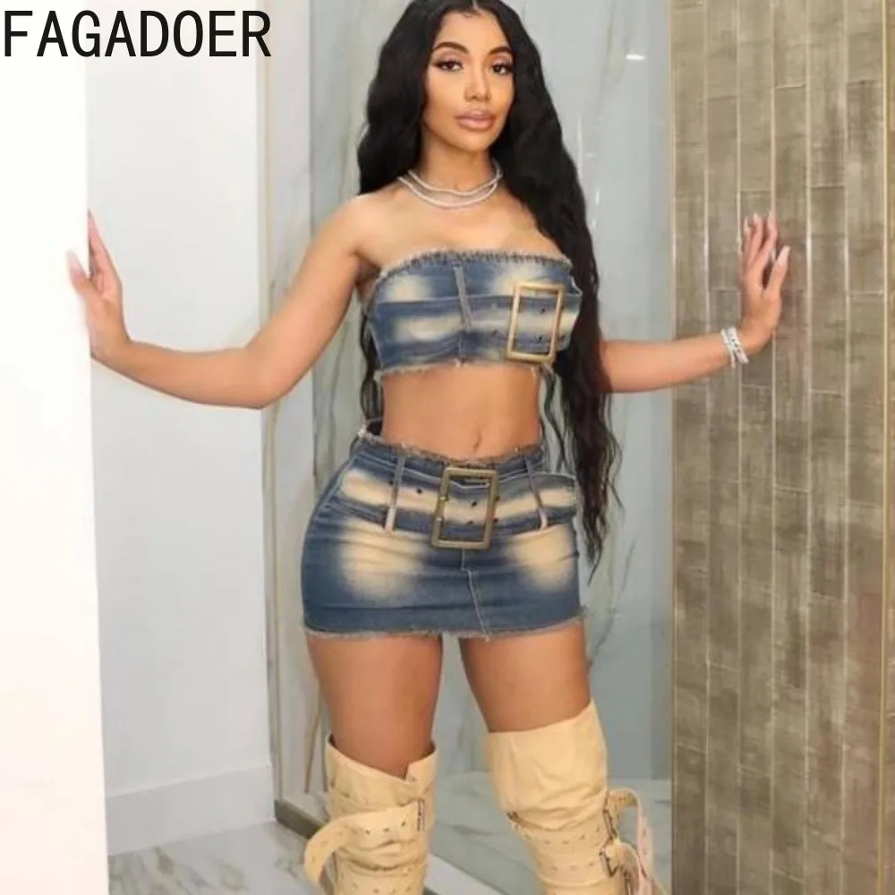 

FAGADOER Fashion Trend Y2K Streetwear Women Denim Button Sleevless Backless Bra Tube And Mini Skirts Outfits Sexy Cowboy Suits