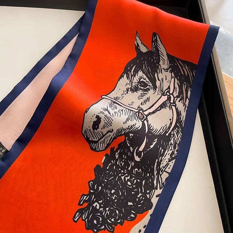 Skinny Silk Scarfs Women Retro Horse Print Foulard Neckerchief Lady Bag Ribbons Office Neck Tie Female Soft Satin Hairband Gift