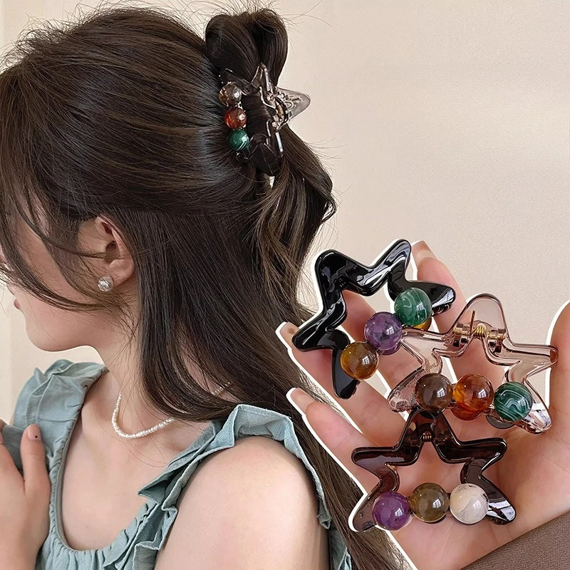 

Women Girls Transparent Colorful Beads Star Hair Claw Crab Clips Pentagram Simple Small Hair Clamp Barrettes Hair Accessories