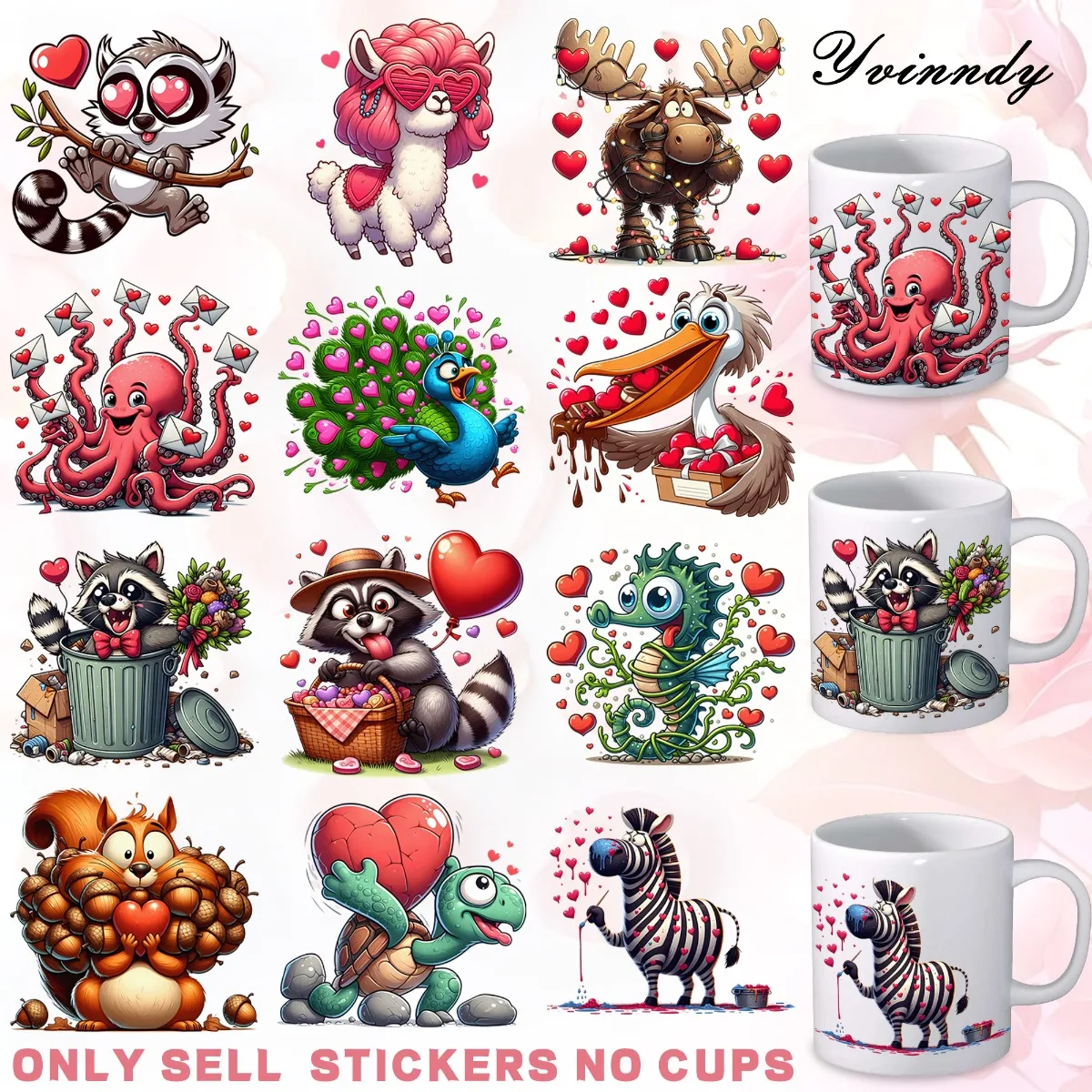 12 Stück/Set Happy Valentine's Day und Tiere DIY Glasgefäß UV DTF Hochwertiges Selbstklebendes Transferpapier