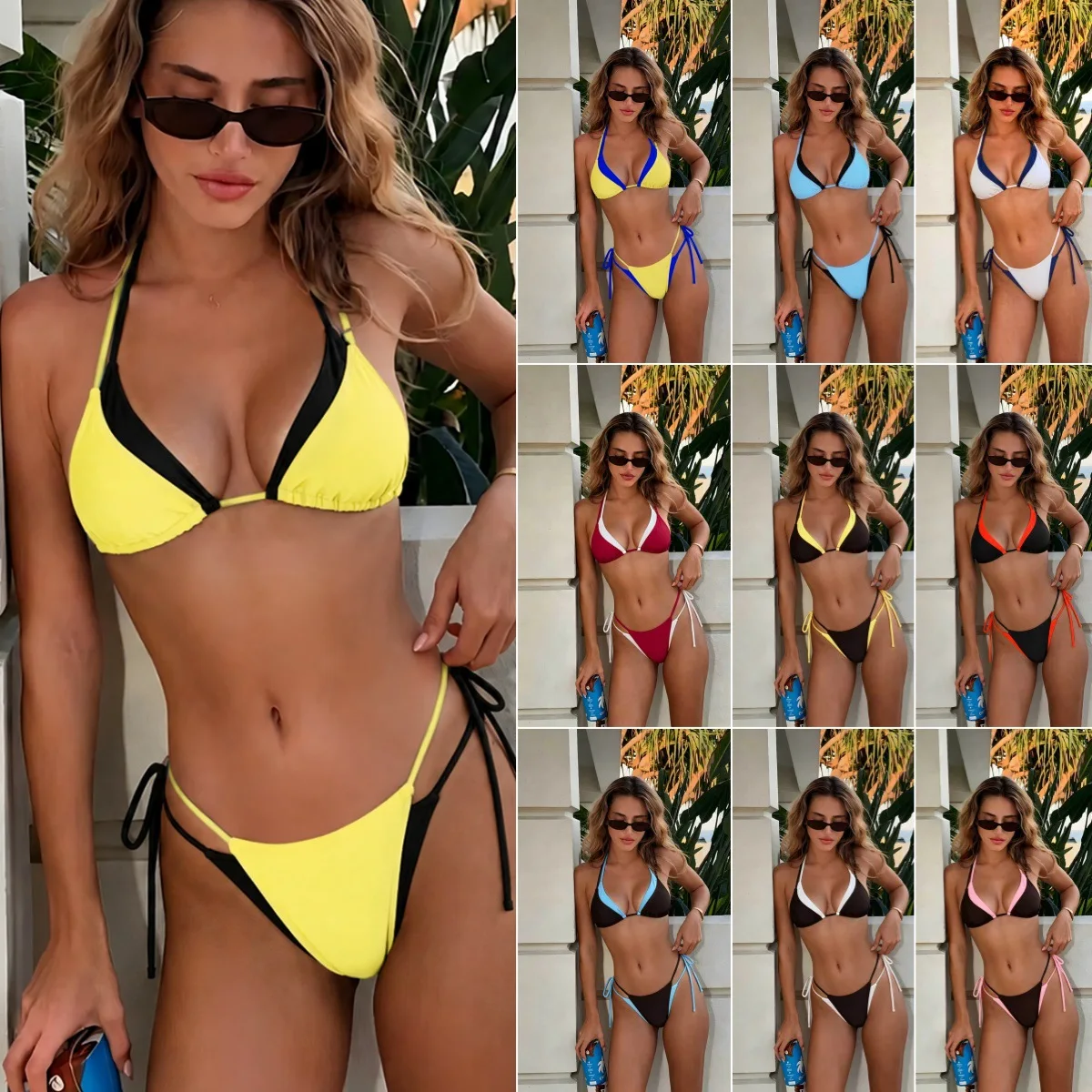 Summer Essentials Bikini swimsuit, sexy neck triangle cup lace-up high elastic quick-drying beach vacation split swimsuit women
