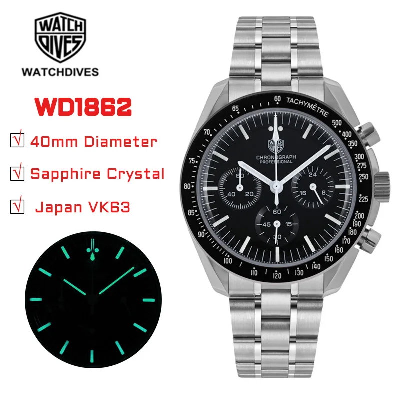 

Watchdives Homage Watch WD1861 V2 Japan VK63 Quartz Movement AR Coating Sapphire Crystal BGW9 Luminous 40mm Chronograph Watch