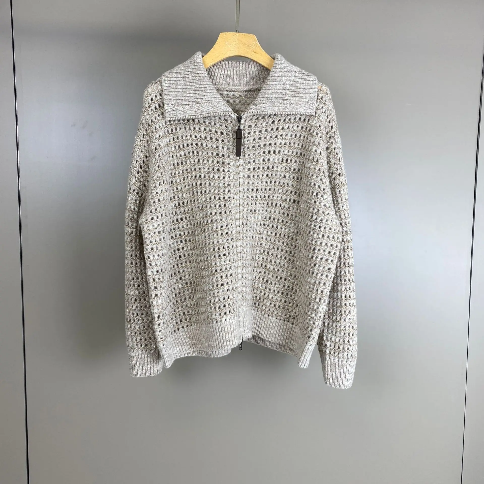 Women's 2026 Autumn Winter New Wool and Cashmere Bead Hollow Collar Knitted Cardigan