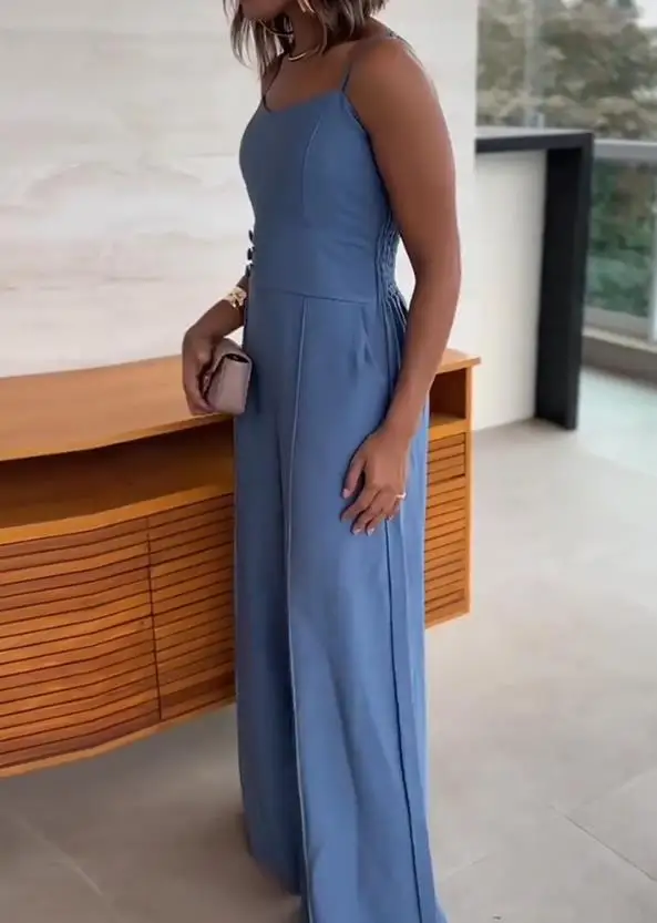 

2025 Spring/summer New Women's Fashion Solid Color Thin Shoulder Strap Waist Buckle Jumpsuit Casual Back Shirt Wide Leg Jumpsuit