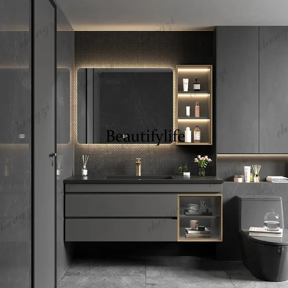 CC Light Luxury Rock Plate Integrated Bathroom Cabinet Combination Modern Minimalist Bathroom Solid Wood Bathroom Toilet Wash Ba