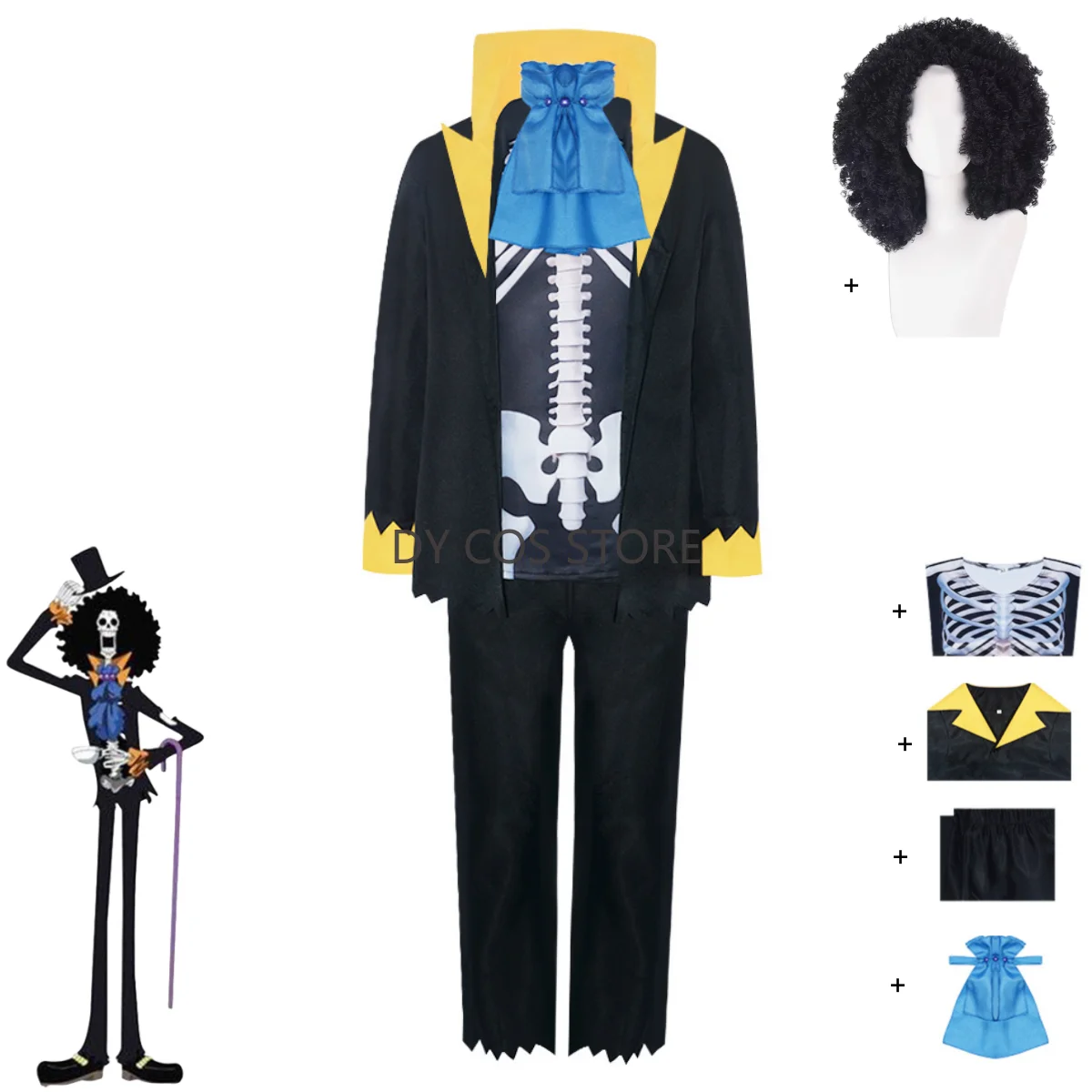 Disfraz de Anime Burukku, disfraz de Brook Revive-Revive Fruit, uniforme con estampado de calavera negra, conjunto completo de peluca, traje de fiesta de Halloween para hombre